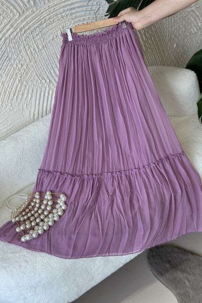 Vala Lila Uzun Astarlı Pileli Şifon Etek