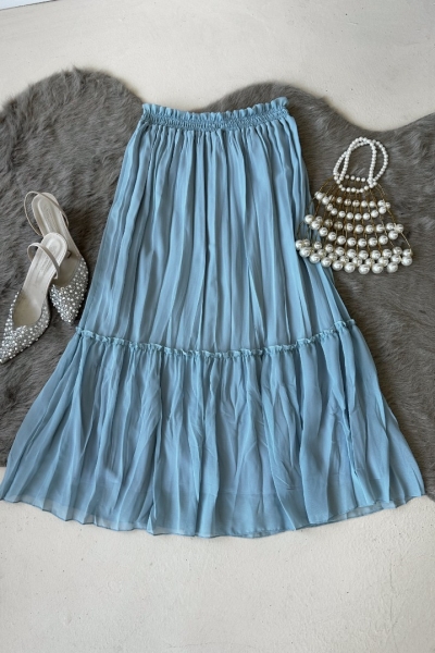 Vala Turkuaz Uzun Astarlı Pileli Şifon Etek