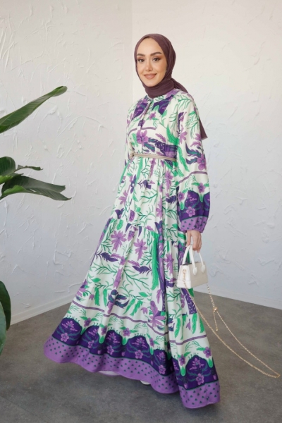 Talya Mor Uzun Viskon Elbise