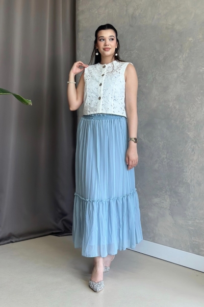 İlay Vala Turkuaz Uzun Astarlı Pileli Şifon Etek