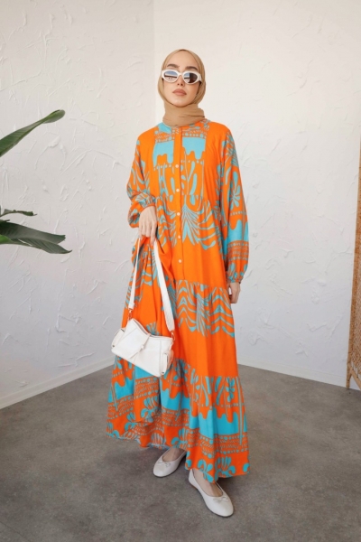 Ayla Turuncu Uzun Viskon Elbise