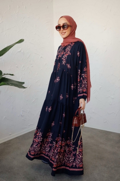 Ayana Lacivert Uzun Viskon Elbise