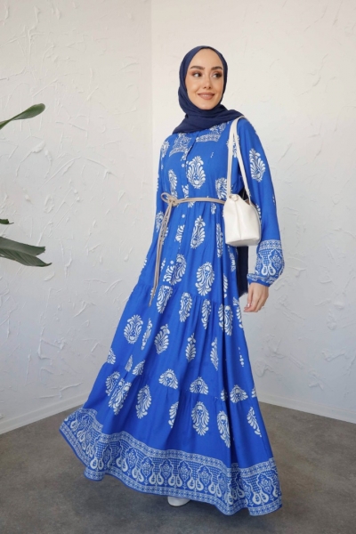 Sayina Mavi Uzun Viskon Elbise