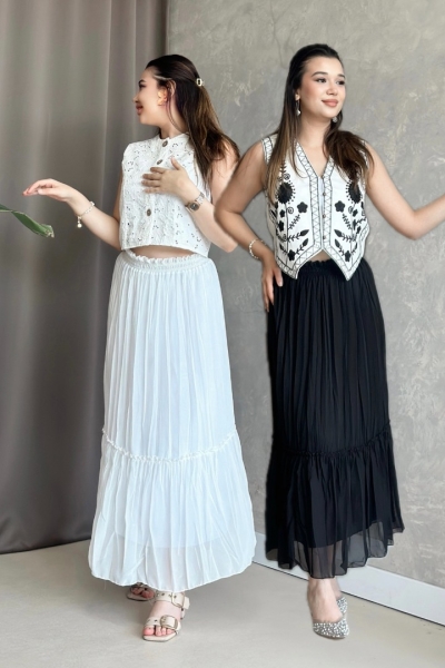 İlay Vala Siyah Beyaz Uzun Astarlı Pileli Şifon Etek