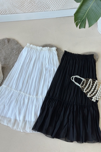 Vala Siyah Beyaz İkili Uzun Astarlı Pileli Şifon Etek