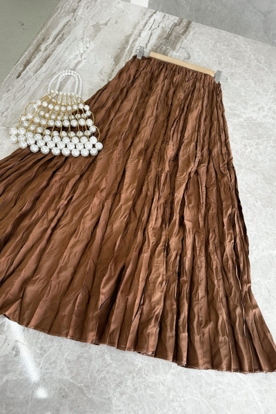 Mati Kahverengi Kırışık Uzun Etek