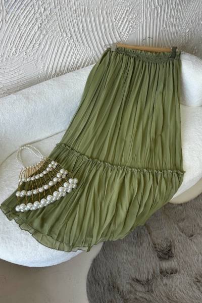 Vala Zeytin Yeşili Uzun Astarlı Pileli Şifon Etek