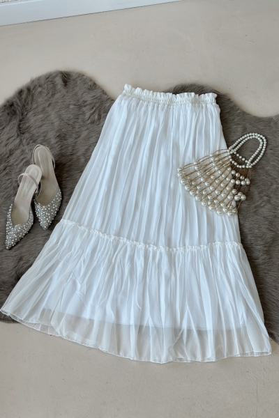 Vala Beyaz Uzun Astarlı Pileli Şifon Etek