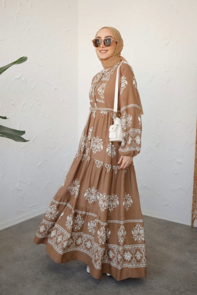Sayina Camel Uzun Viskon Elbise