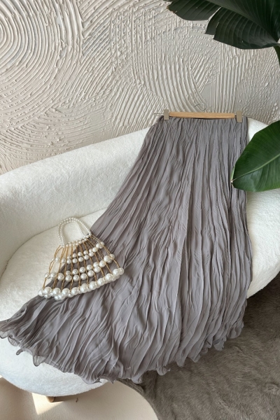 Rana Gri Kırışık Volanlı Etek