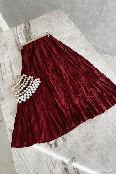 Mati Bordo Kırışık Uzun Etek