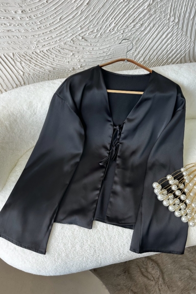 Olivya Siyah Saten Gömlek