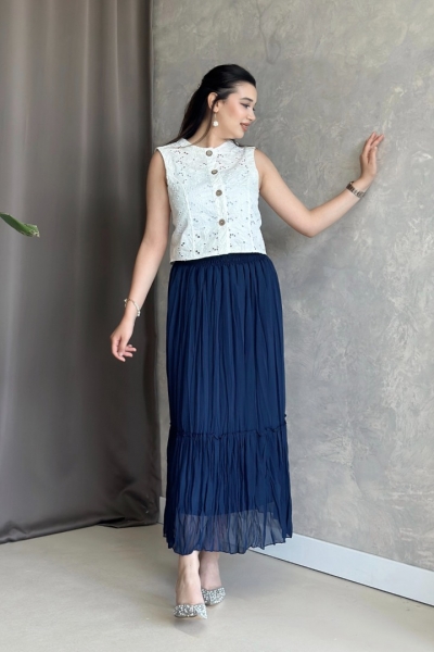 İlay Vala İndigo Uzun Astarlı Pileli Şifon Etek