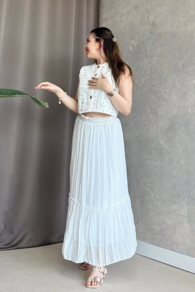 İlay Vala Beyaz Uzun Astarlı Pileli Şifon Etek