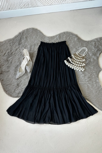 Vala Siyah Uzun Astarlı Pileli Şifon Etek