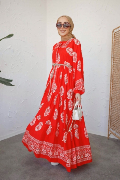 Sayina Kırmızı Uzun Viskon Elbise