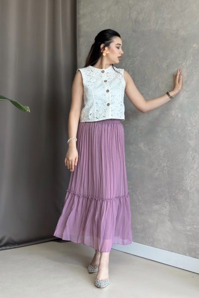 İlay Vala Lila Uzun Astarlı Pileli Şifon Etek