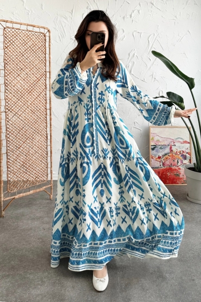 Teora Mavi Uzun Viskon Elbise