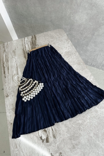 Mati Lacivert Kırışık Uzun Etek