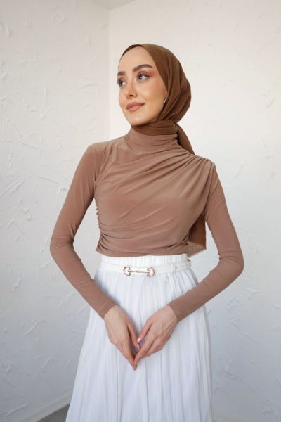 Zahel Camel Drapeli Dik Yaka Bluz 