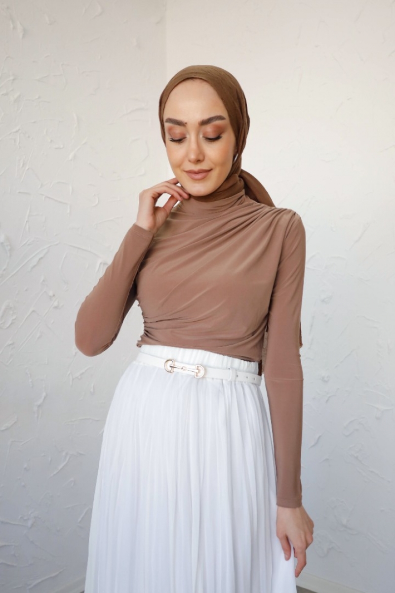 Zahel Camel Drapeli Dik Yaka Bluz 