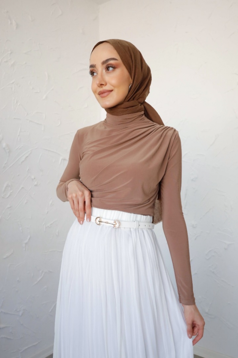 Zahel Camel Drapeli Dik Yaka Bluz 