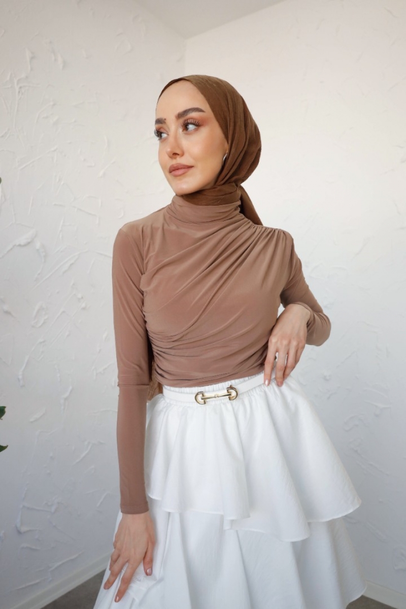 Zahel Camel Drapeli Dik Yaka Bluz 
