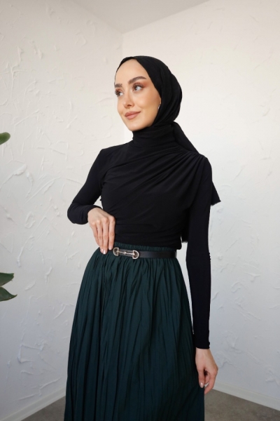 Zahel Siyah Drapeli Dik Yaka Bluz