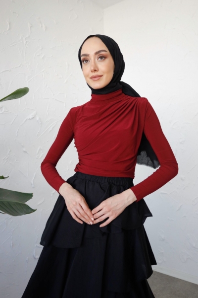 Zahel Bordo Drapeli Dik Yaka Bluz