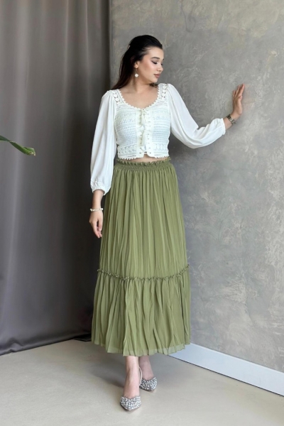 İlay Vala Zeytin Yeşili Uzun Astarlı Pileli Şifon Etek