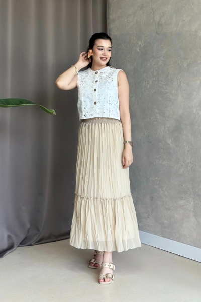 İlay Vala Bej Uzun Astarlı Pileli Şifon Etek