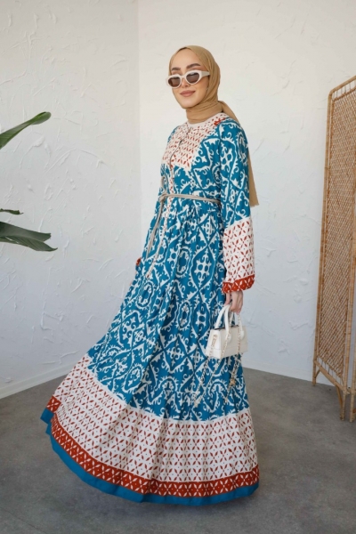 Bihter Mavi Uzun Viskon Elbise