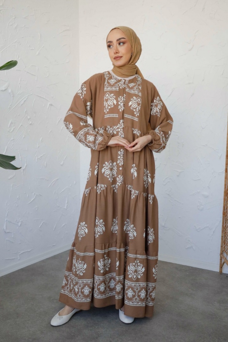 Sayina Camel Uzun Viskon Elbise