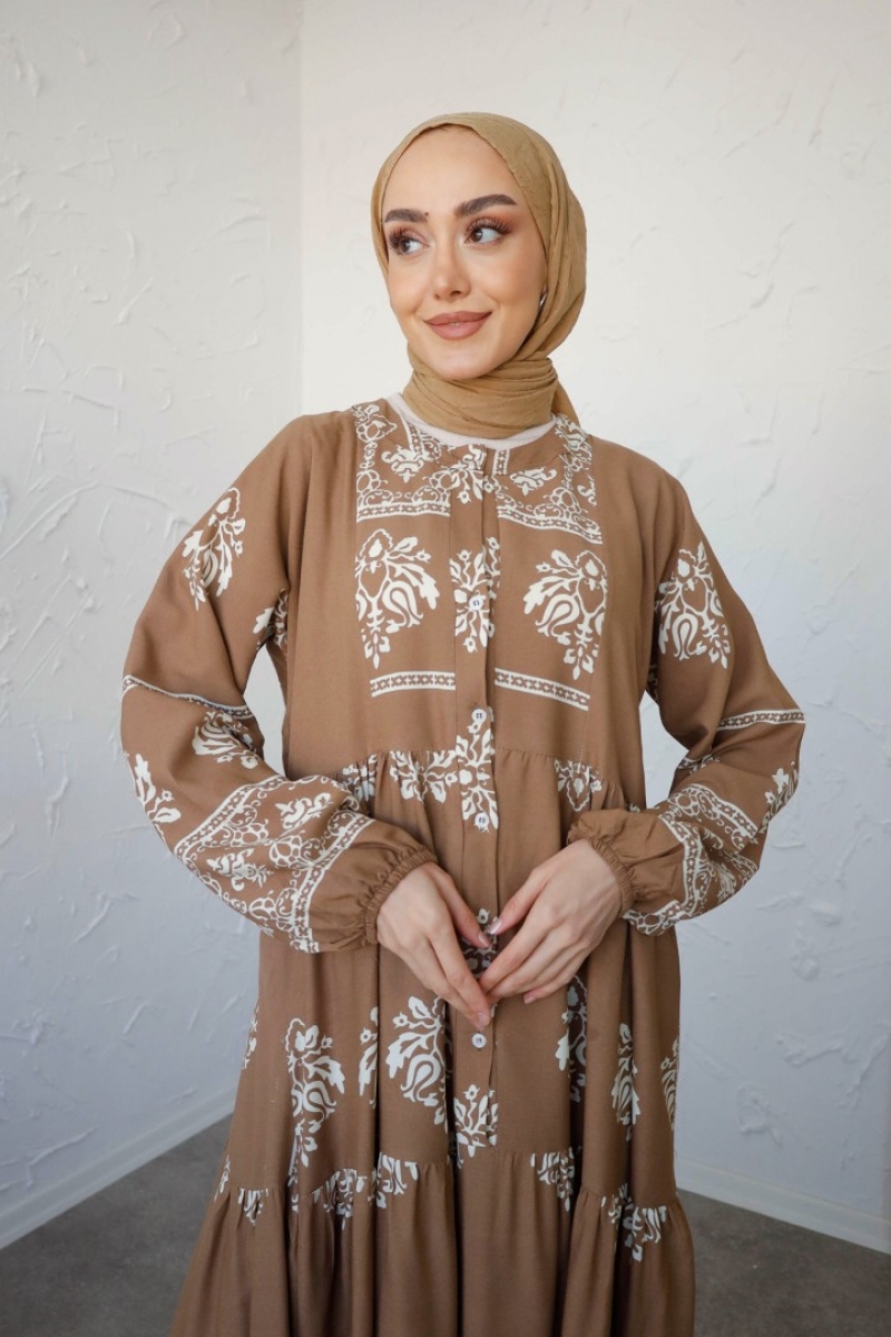 Sayina Camel Uzun Viskon Elbise
