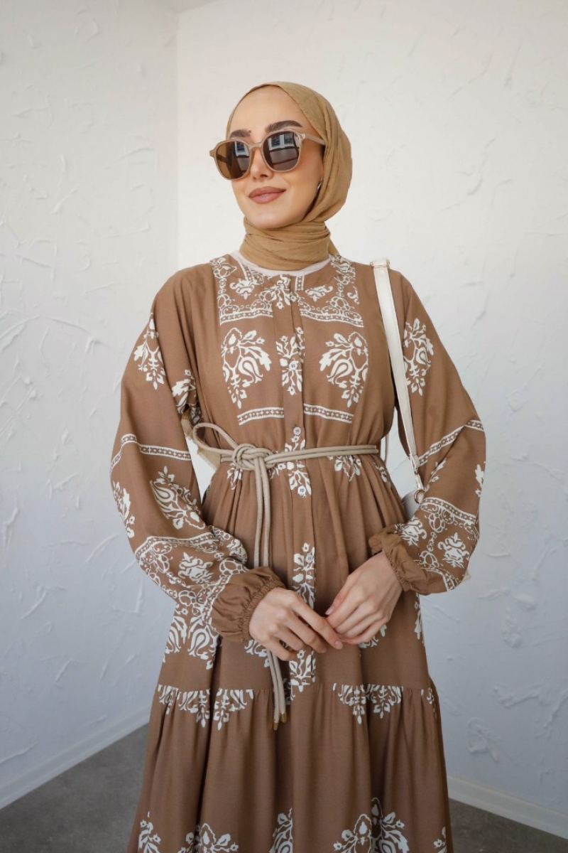 Sayina Camel Uzun Viskon Elbise