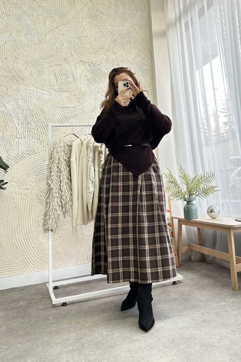 Rebeca Acı Kahve Ekose Etek