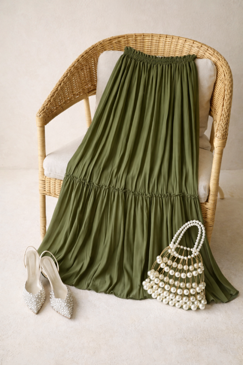 Vala Zeytin Yeşili Uzun Astarlı Pileli Şifon Etek