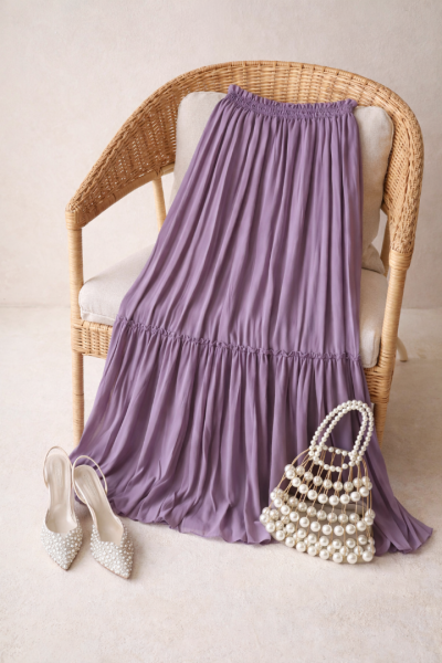 Vala Lila Uzun Astarlı Pileli Şifon Etek