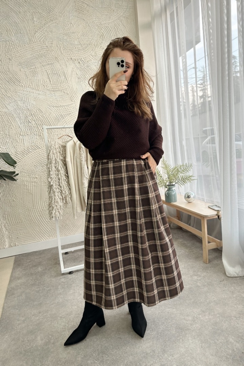 Rebeca Acı Kahve Ekose Etek