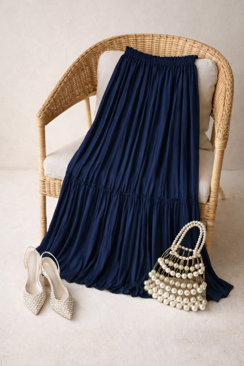 Vala İndigo Uzun Astarlı Pileli Şifon Etek