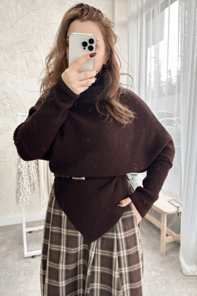 Rachel Kahverengi Triko Kazak Panço