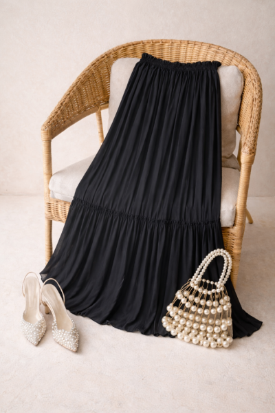 Vala Siyah Uzun Astarlı Pileli Şifon Etek