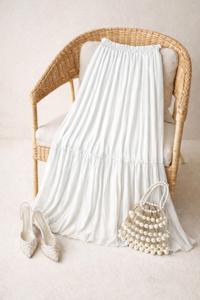 Vala Beyaz Uzun Astarlı Pileli Şifon Etek