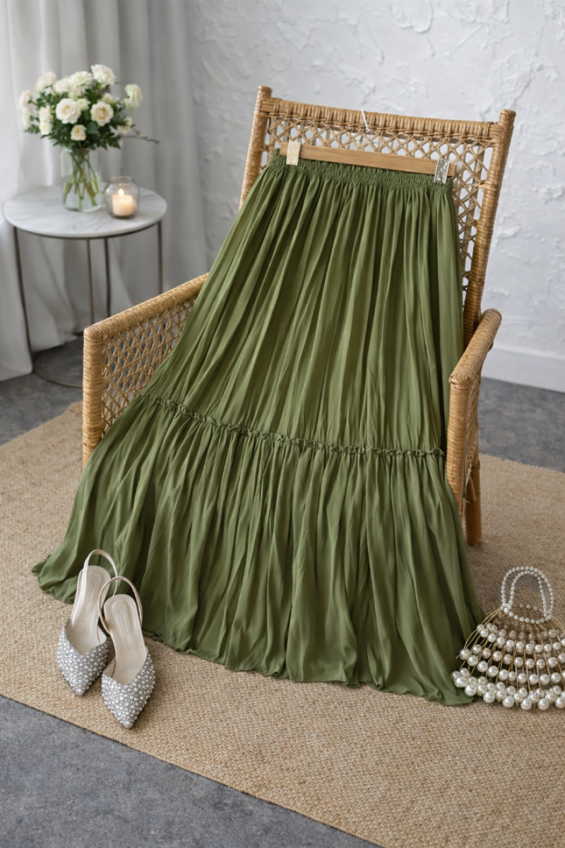 Vala Zeytin Yeşili Uzun Astarlı Pileli Şifon Etek