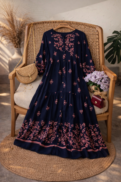 Ayana Lacivert Uzun Viskon Elbise