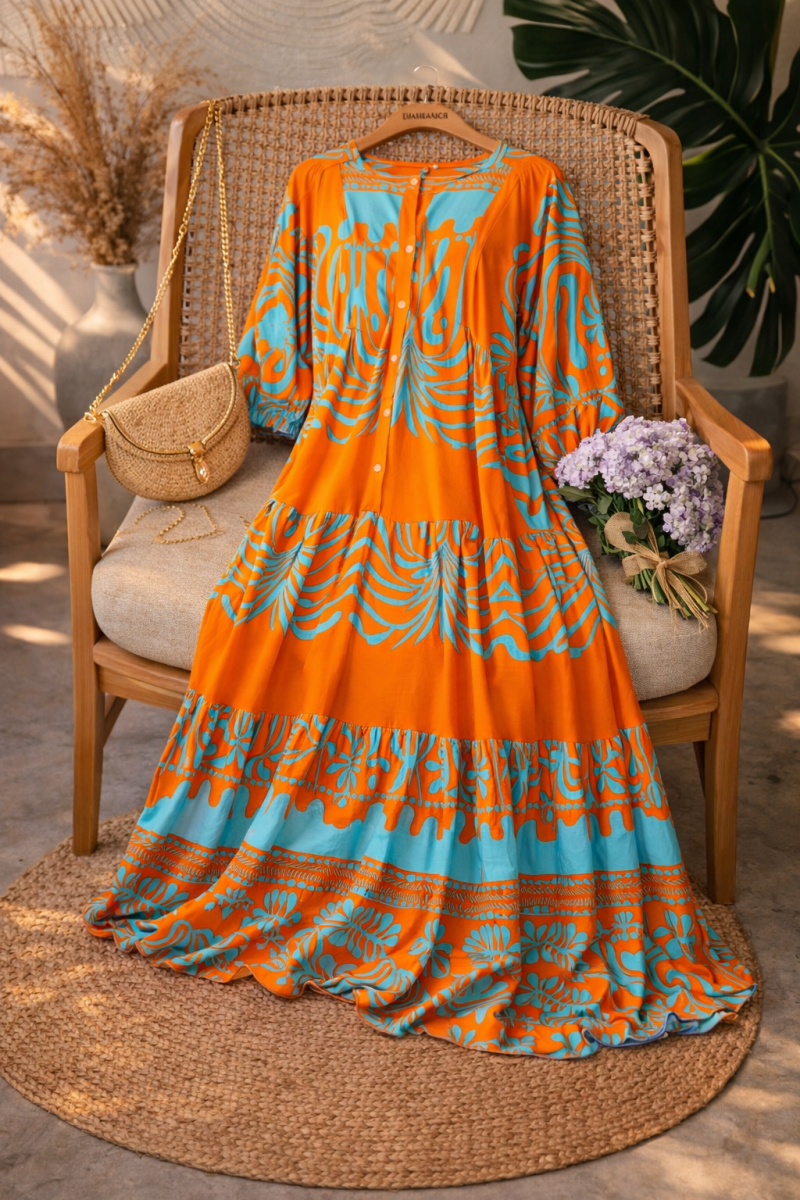 Ayla Turuncu Uzun Viskon Elbise