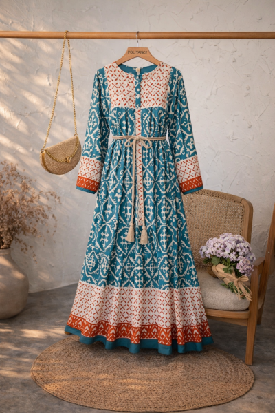 Bihter Mavi Uzun Viskon Elbise