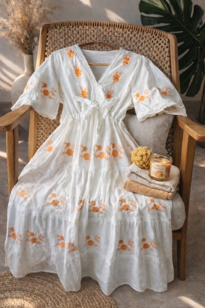 Madya Turuncu Beyaz Elbise