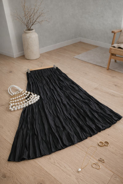 Mati Antrasit Kırışık Uzun Etek