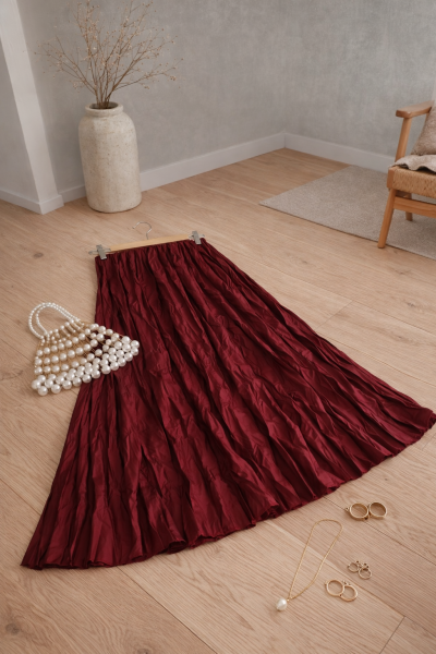 Mati Bordo Kırışık Uzun Etek